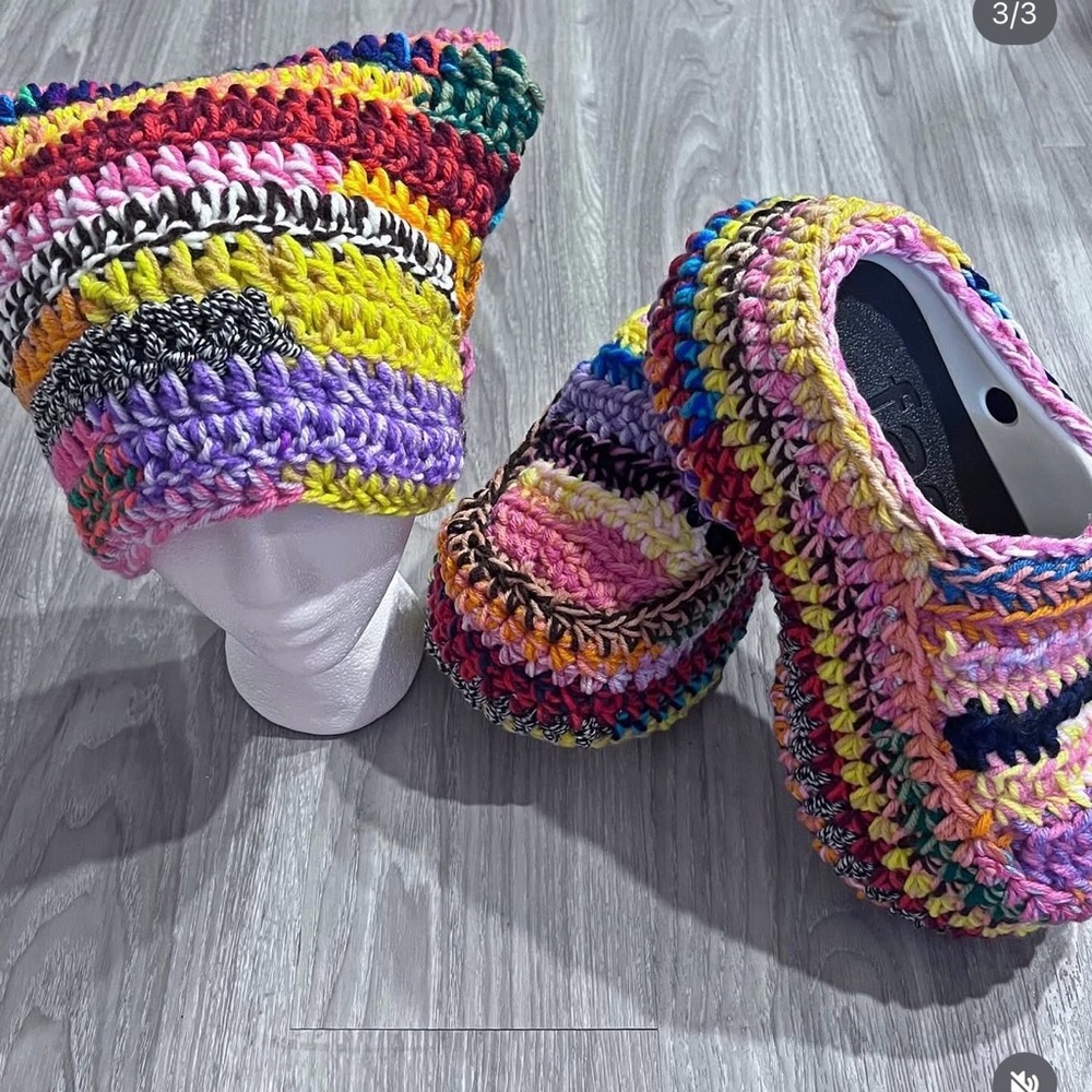 Colorful Crochet Hat and Slippers Set